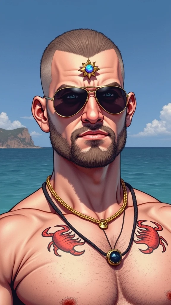 bold hair,Wrist hair、chest hair、Gym Trainer、30-year-old,Masculine、Fade Cut、facial hair.、、Attractive eyes、darkness、hands in front、Black tank top、Gold Necklace、Intimidating、Overbearing、scorpion Tattoo、confident、Arms crossed、Enchanting、Charisma, forehead jewel,whistle around neck,hair scrunchie,uhd, textured skin, ripped chest
