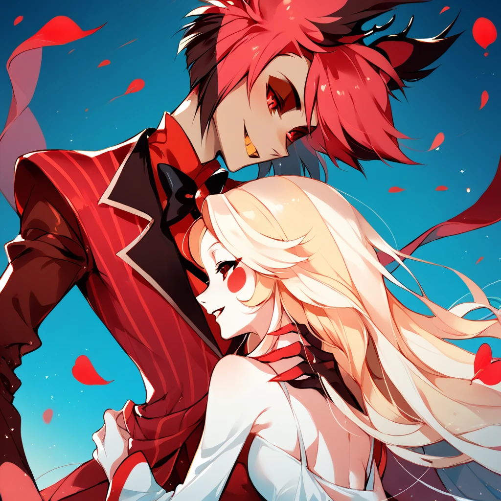 1alastor,red hair,red eyes, red coat,
1charlie morningstar,blonde long hair red suit
Couple,
Hazbin hotel,
