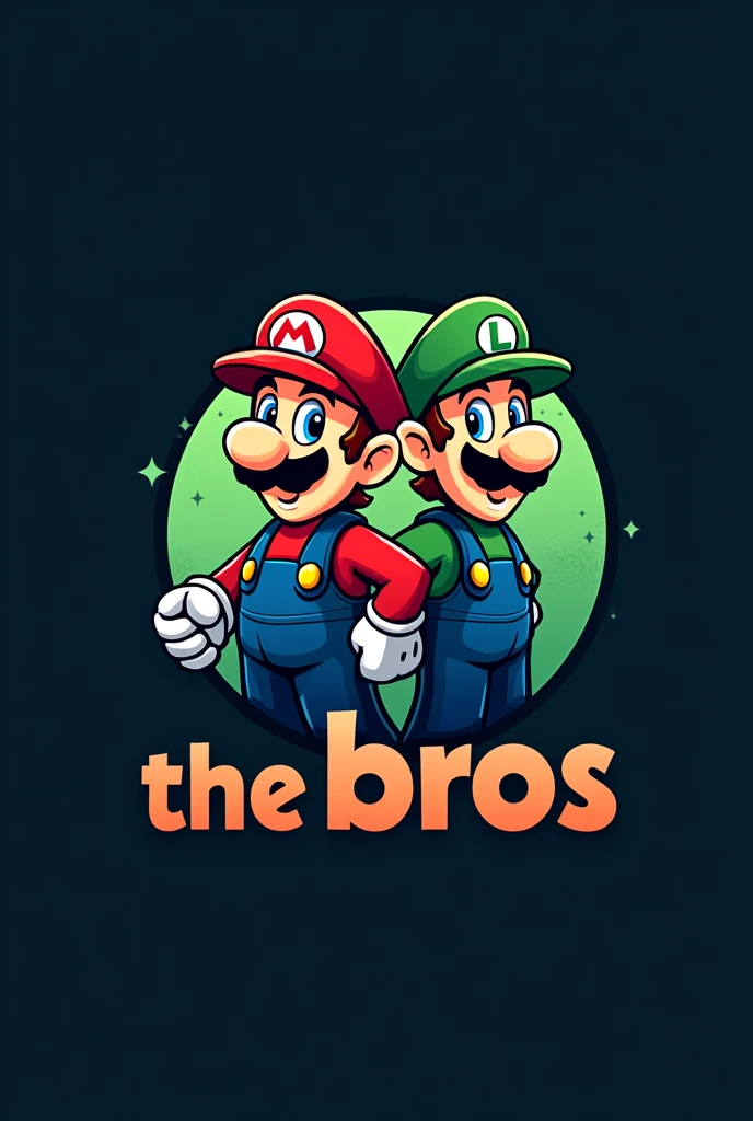 Make a round Mario bros logo that says at the bottom "THE BROS" With the letters of Mario Bros, and this Luigi and Mario with a dark blue and green background
