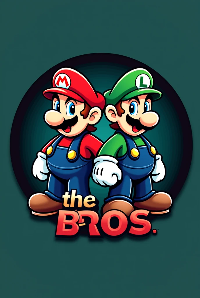 Make a round Mario bros logo that says at the bottom "THE BROS" With the letters of Mario Bros, and this Luigi and Mario with a dark blue and green background