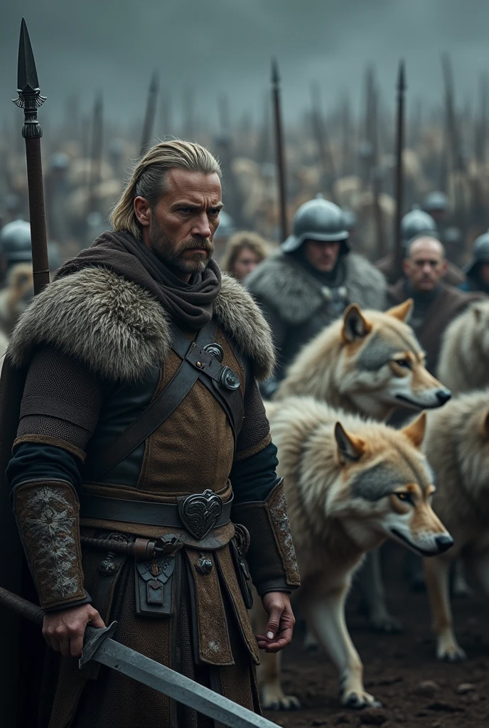 Army of gray and brown wolves, and immaculate soldier men, ancient soldiers. Together united, hundreds of thousands