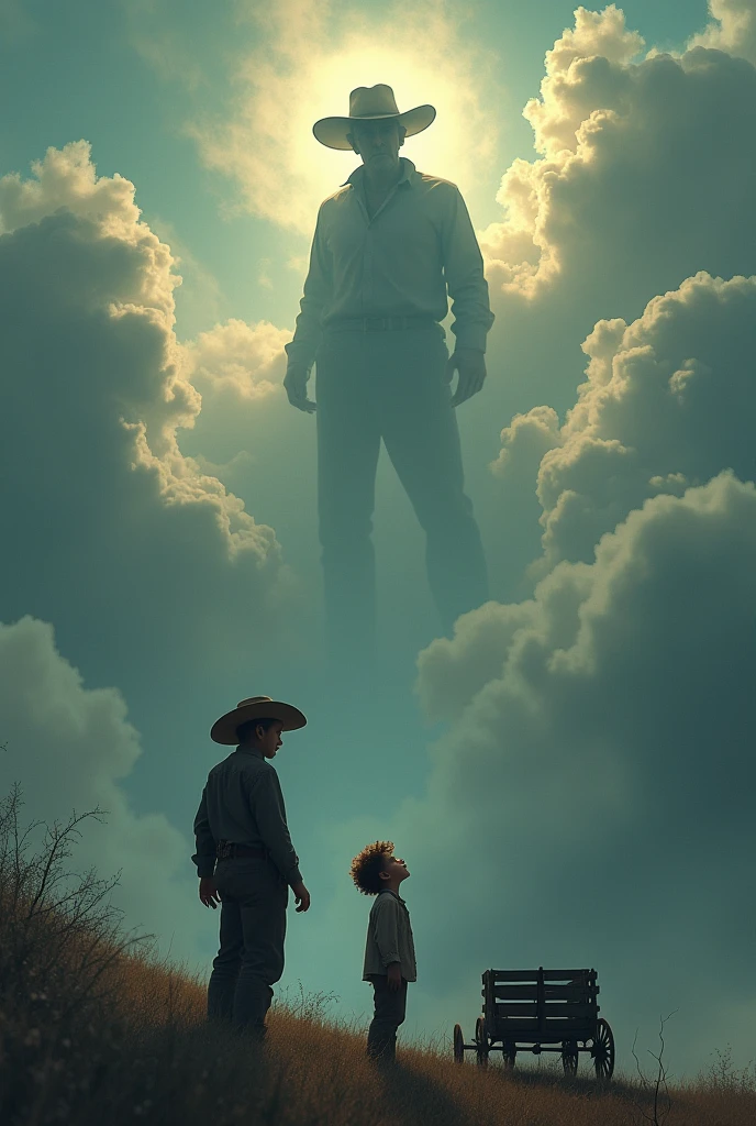 silhouette, 70 year old dad with cattleman hat,  on a cloud in the sky, looking down at his  son, curly hair, with a wooden cart in hand, boy watching his dad,  dark fantasy, 3D