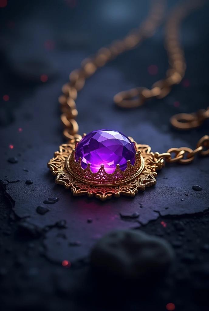 Low-detailed gold magic necklace, with a tiny, shiny, violet-colored stone inside, Black background, dark and gloomy background.