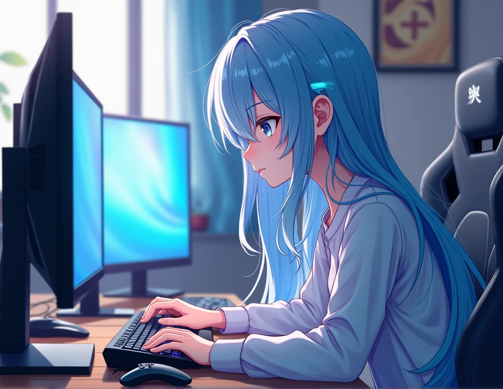 ANIME CHARACTER RIMURU YOUNG MAN WITH LONG LIGHT BLUE HAIR PLAYING ON A GAMER PC