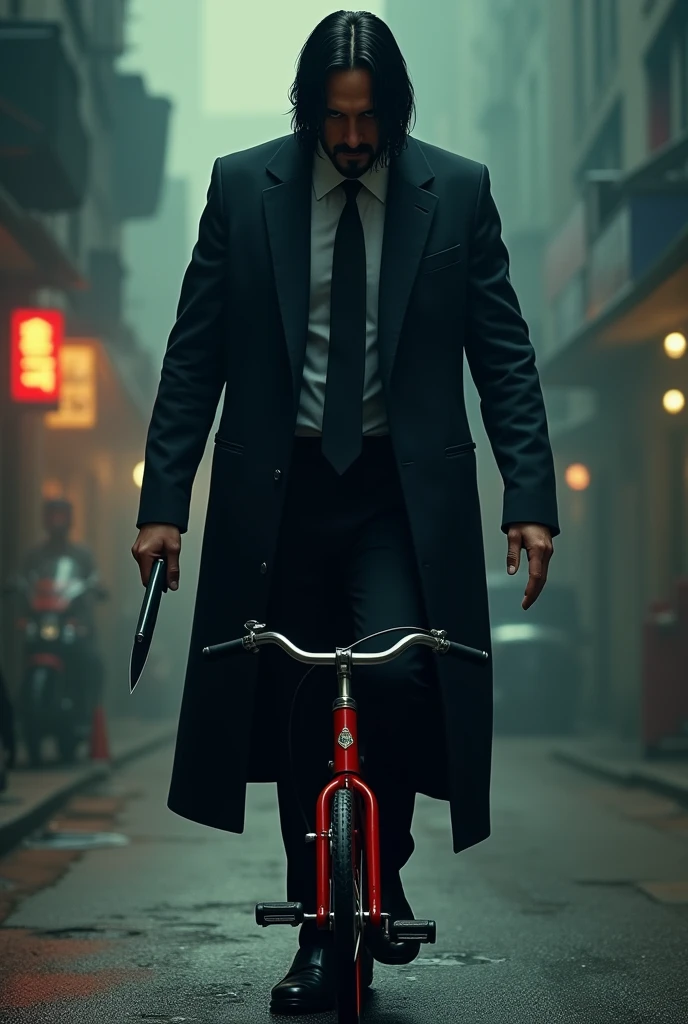 John Wick stabding over a small red vike with a knife in the bike