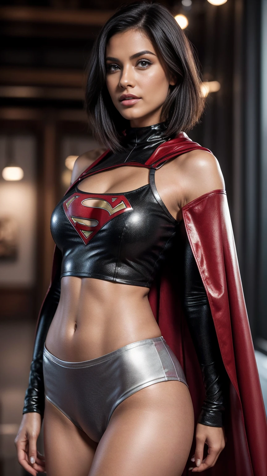 (best quality,4k,8k,highres,masterpiece:1.2),ultra-detailed,(realistic,photorealistic,photo-realistic:1.37), vivid colors, bokeh, HDR, studio lighting, extreme detail description, physically-based rendering, ultra-fine painting, sharp focus, professional, portraits, sexy supergirl, beautiful detailed eyes, beautiful detailed lips, green eyes, short black hair, black and silver outfit, red cape with a midriff, full body, UHD 8K