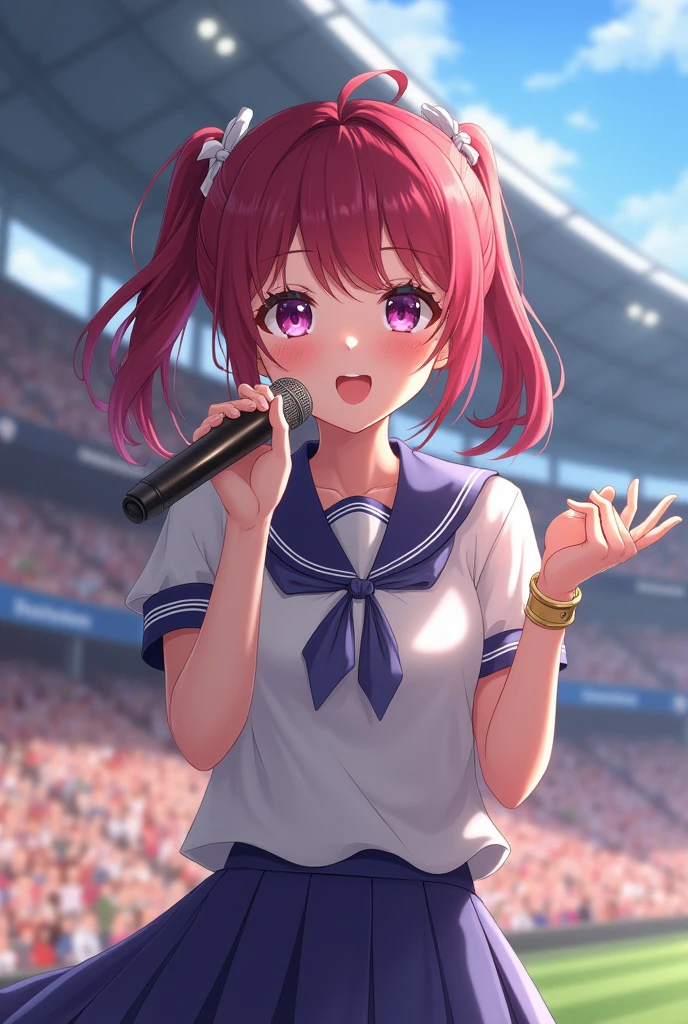 Beautiful Japanese 2 girl, Love Live style idol, Singing in front of fans at the stadium、looking at the camera、Looking at me and smiling