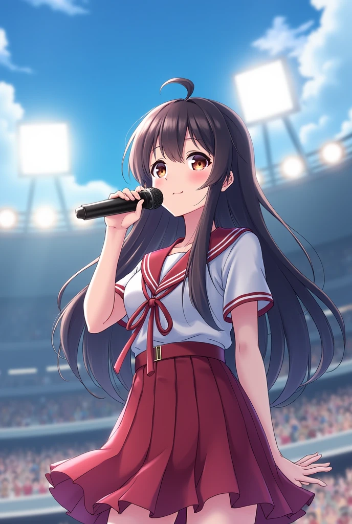 Beautiful Japanese 2 girl, Love Live style idol, Singing in front of fans at the stadium、looking at the camera、Looking at me and smiling