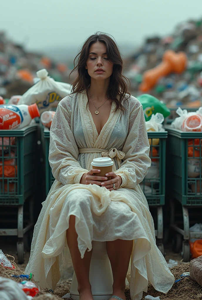 Concept: A woman dressed in a robe made entirely of plastic bags, sitting on a toilet in the middle of a landfill. She’s surrounded by empty shopping carts, each filled with more plastic waste. In her hands, she holds a credit card and a disposable coffee cup, her face serene as if in meditation.