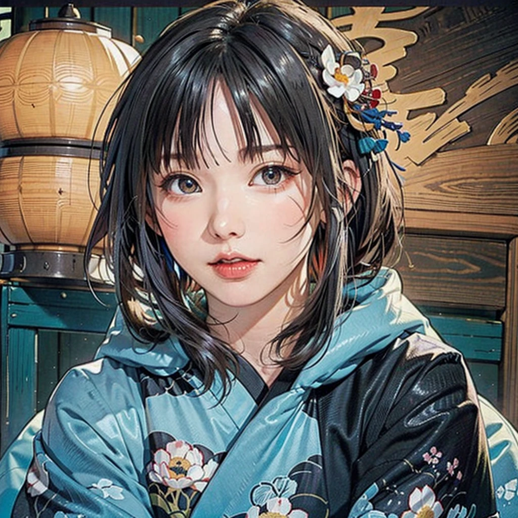 (highest quality、8k、32k、masterpiece)、(masterpiece, up to date,Exceptional:1.2), Anime, One girl,Front hair,black_hair, Beautiful 8k eyes,Looking_in_Audience,One person in,Are standing,((Very beautiful woman, Fuller lips, Japanese pintern kimono))、((Colorful Japanese kimono)))、(((Medium Shot)))、Blunt bung、(High resolution)、Very beautiful face and eyes、1 girl 、Round and small face、Narrow waist、delicine body、(highest quality high detail Rich skin details)、(highest quality、8k、Oil paints:1.2)、Very detailed、(Realistic、Realistic:1.37)、Bright colors、(((blackhair)))、(((longhair)))、(((cowboy pictures)))、((( Inside an old Japanese house)))、(masterpiece, highest quality, highest quality, Official Art, beautifully、aesthetic:1.2), (One girl), Very detailedな,(Fractal Art:1.3),colorful,Most detailed,Sengoku period(High resolution)、Very beautiful face and eyes、1 girl 、Round and small face、Tight waist、Delicine body、(highest quality high detail Rich skin details)、(highest quality、8k、Oil paints:1.2)、(Realistic、Realistic:1.37)、Greg Rutkowski Written by Alphonse Mucha Ropp, sun lips
