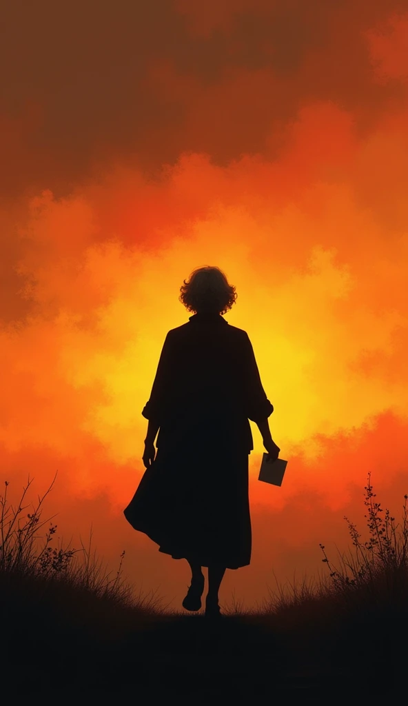 A black silhouette of an older woman in a sunset and carries a note with her.