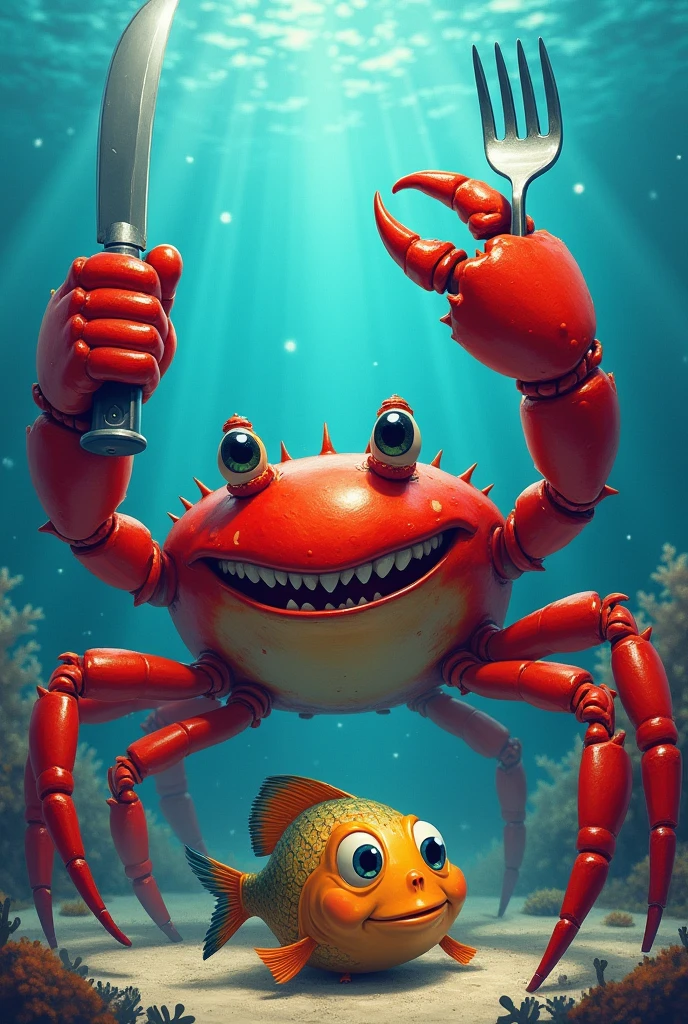 A red crab with a knife and a fork in the cran and in front of the crab is a fish.
in water.