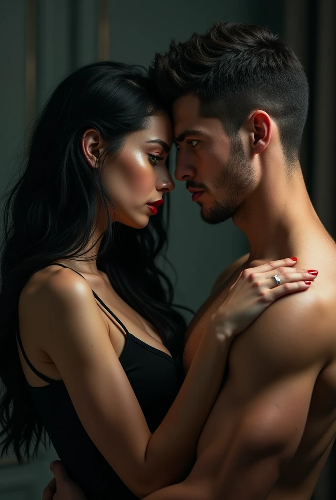  woman, 26 years, long black hair, blood red lips, green eyes, look intensly with a muscular young man with blue eyes and dark hair