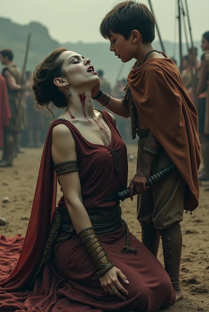Realism, super quality, action photography style, a defeated woman kneels, her son (12 years) holds the tip of a sword to a woman's throat, knife stab in the throat, Her head is thrown back strongly, the woman has a large manly Adam's apple, (woman is 30 year old warrior, throat slit, gothic makeup, pale skin, long hair) (son is ) ancient greece battle