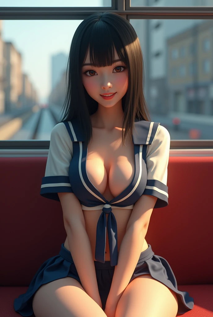 (((live-action))), Realistic, 3D, Professional photography, (Highest quality,16K,Ultra-high resolution,masterpiece:1.2), Very detailed, ((Realistic,photoRealistic,photo-Realistic:1.4)), Realistic skin texture, Only one Japanese woman, JK wearing a sailor uniform, 1, semi-long+Black Hair+Straight Hair, ((A beautiful girl that everyone falls in love with)), Inside a train in the city, (((A JK sitting directly opposite me))), looking at the camera, Beautiful big breasts, (((The sailor uniform has a wide opening at the chest))), (((A deep cleavage is visible through the sailor suit))), ((((She is lifting her skirt up a little)))), ((((Her panties are visible through her rolled up skirt)))), ((((smile+Happy+blush:1.3)))), ((歯を見せてsmile)), Detailed face and body, Beautiful eyes and lips, Beautifully detailed face, Natural Eyes, Natural Eyelashes, Natural eyebrows, Smooth Skin, Natural body shape, Slender body, Perfect Anatomy, Natural Shading, Natural contrast, A perfect depiction of the human limbs, The whole body faces the camera, (((Photographed from the opposite seat, capturing the entire body)))