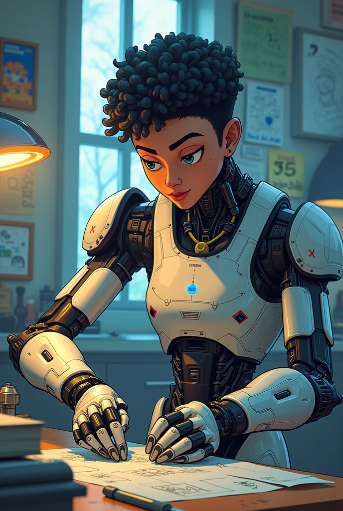 Make me 7 images that you are going to make for comic book frames,The main topic is the creation of a robot in the robotics class.
