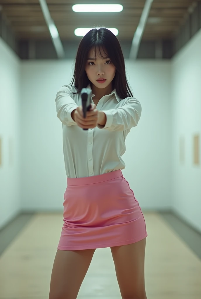 real person realistic beautiful korean office lady white shirt tight mini skirt satin pink colour stance legs open spreading arms straighten full portrait gun sexy legs aiming target practice pointing at you firing indoor shooting range ready to shoot