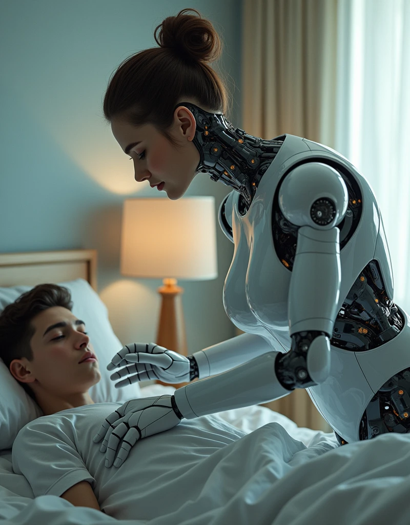 female robot nurse, big breasts, robot body, robot hands, wearing glove, taking care of teenage boy on the bedroom