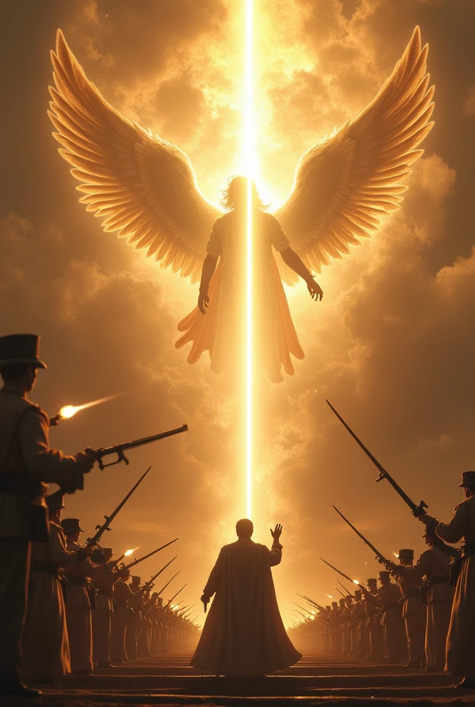 "On top of a luxurious palace, A dictator Nicolas Maduro watches in disbelief and fear as a legion of angels of light descend from the sky. His eyes reflect a mix of fury and fear as he screams., 'What are these beings of light??'. Below, His soldiers frantically fire their weapons, but the bullets pass through the angels without causing them any harm. Los Angeles, majestic and resplendent, They advance with divine swords that shine brightly. With every movement of their swords, Angels release rays of light that dispel the darkness that covers the earth and free souls that have been chained by fear and despair.. The contrast between the heavenly light of the angels and the oppressive darkness of the palace creates a scene of intense confrontation between good and evil.."