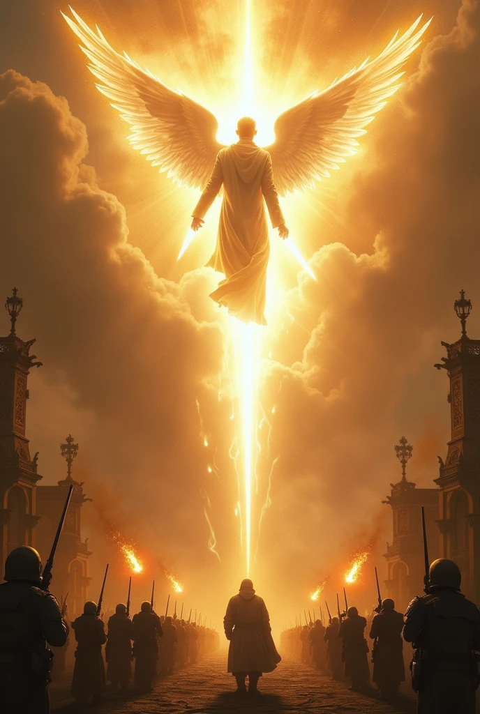 "On top of a luxurious palace, A dictator Nicolas Maduro watches in disbelief and fear as a legion of angels of light descend from the sky. His eyes reflect a mix of fury and fear as he screams., 'What are these beings of light??'. Below, His soldiers frantically fire their weapons, but the bullets pass through the angels without causing them any harm. Los Angeles, majestic and resplendent, They advance with divine swords that shine brightly. With every movement of their swords, Angels release rays of light that dispel the darkness that covers the earth and free souls that have been chained by fear and despair.. The contrast between the heavenly light of the angels and the oppressive darkness of the palace creates a scene of intense confrontation between good and evil.."