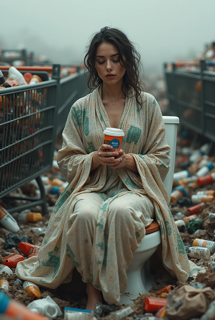 Concept: A woman dressed in a robe made entirely of plastic bags, sitting on a toilet in the middle of a landfill. She’s surrounded by empty shopping carts, each filled with more plastic waste. In her hands, she holds a credit card and a disposable coffee cup, her face serene as if in meditation.