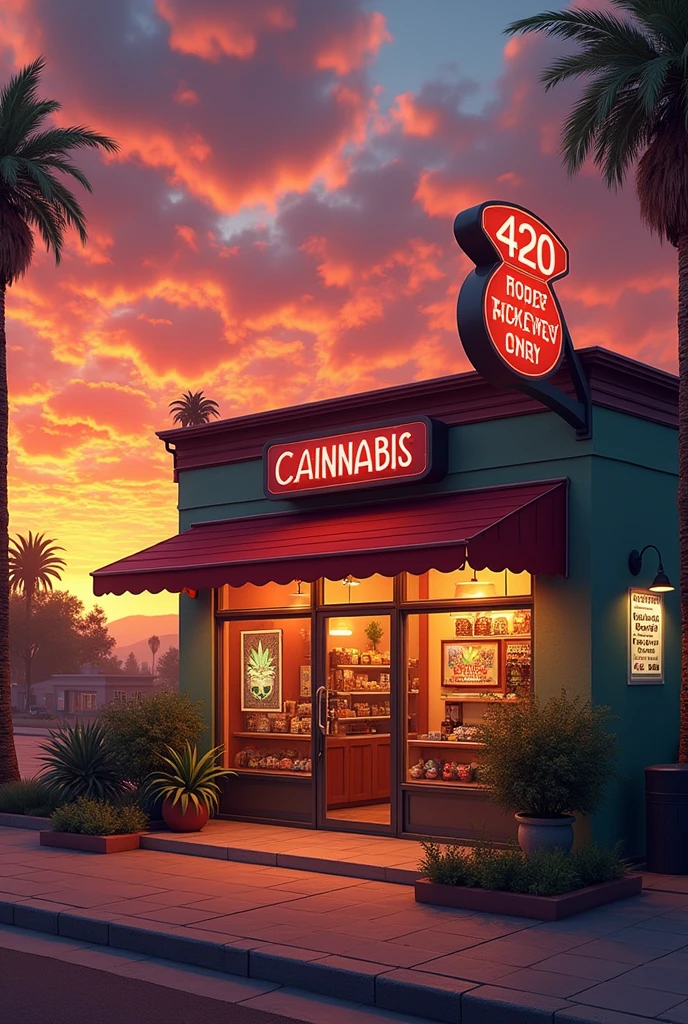 Cannabis store with sunset in the background with Goodbye Summer written on the windows and a large sign Friendly 420