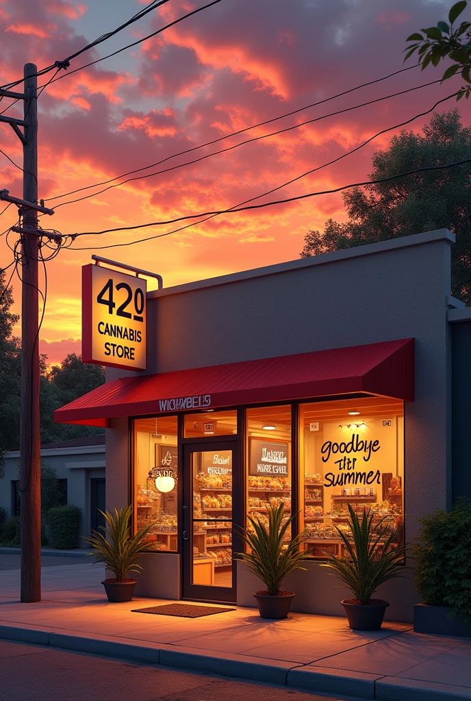 Cannabis store with sunset in the background with Goodbye Summer written on the windows and a large sign Friendly 420