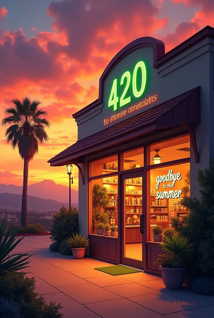 Cannabis store with sunset in the background with Goodbye Summer written on the windows and a large sign Friendly 420