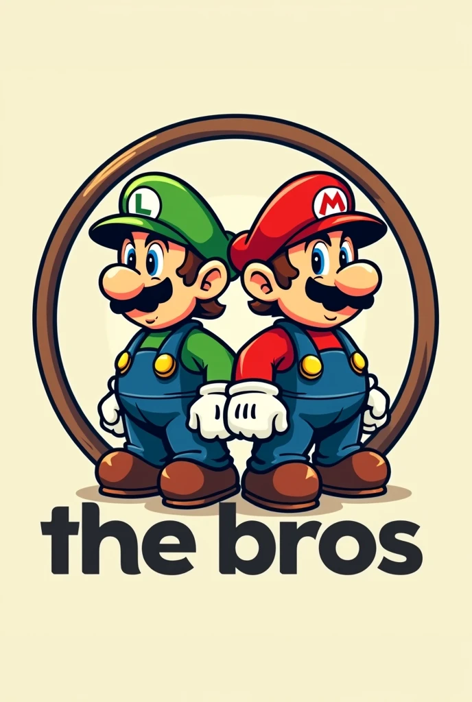 Make a round Mario bros logo that says at the bottom "THE BROS" With the letters of Mario Bros, and that Luigi and Mario are inside the circle