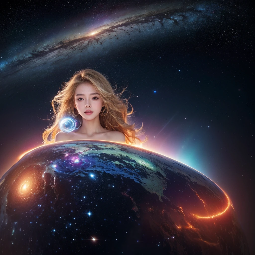 (Best quality at best,4K,8K,A high resolution,tmasterpiece:1.2),ultra - detailed,(actual,realisticlying,Photorealistic:1.37),portrait,blonde hair,Curly-haired beauty,Her figure is the golden ratio of the human body,Fair and flawless skin,Wearing bikini universe,Interdimensional Traveler,Glowing blue portal in the background,glistening stars,galaxias,The space-time continuum,Cosmic dust floats around her,celestial glow,EtherealBeauty,with a calm expression,a captivating gaze,Interstellar Travel,Colored nebulae,dreamlike landscapes,otherworldly beauty,Immortal,vivd colour,vibrant tones,Illuminated light,soft shade,Artistic creation,masterful brushstrokes,Charming atmosphere,surreal atmosphere,harmonious color palette,Cosmic energy flows through her,The body radiates light and energy,Fantastic atmosphere,otherworldly beauty,Enchanting aura,Universe secrets revealed,smiling