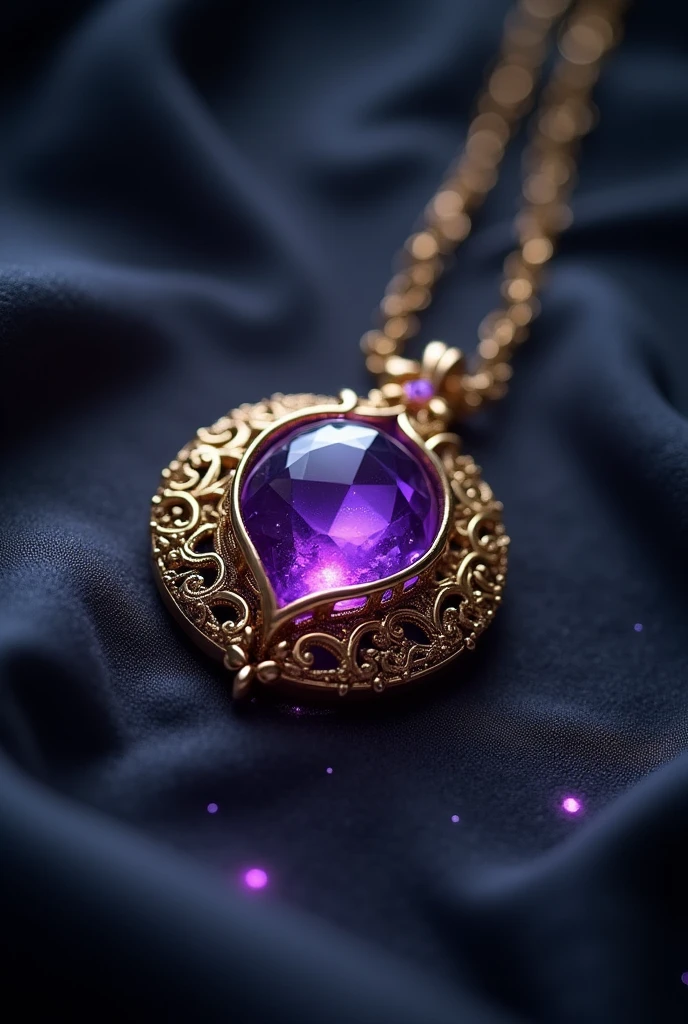Low-detailed gold magic necklace, with a tiny, shiny, violet-colored stone inside, Black background, dark and gloomy background.