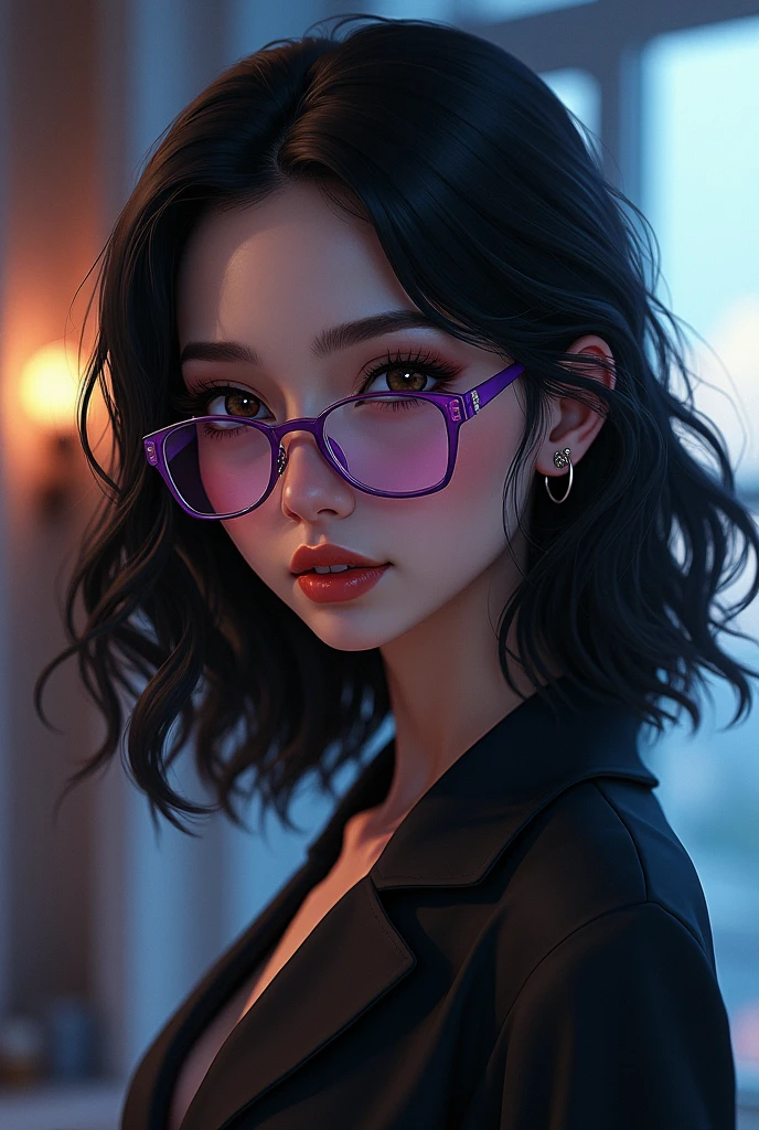 Female character black hair dark brown eyes with clothes (Feminine and elegant) with glasses(purples) ,of medium build