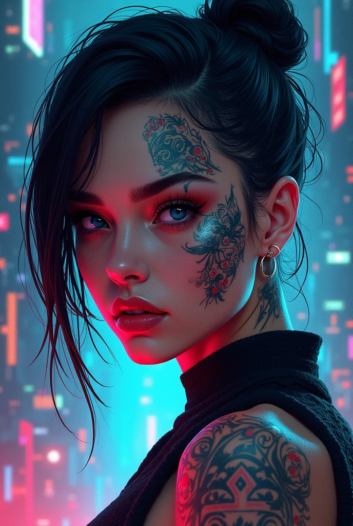 A woman with a colorful face and a tattoo on her face, Cyberpunk art inspired by Rossdraws, Trends bei cgsociety, digital art, Cyberpunk art style, Cyberpunk Vibrant Colors, cyberpunk artstyle, Beautiful cyberpunk girl face, cyberpunk style color, cyberpunk digital art, Cyberpunk Portrait, cyberpunk digital painting, hyper-realistic cyberpunk style, Cyberpunk Angry Gorgeous Goddess