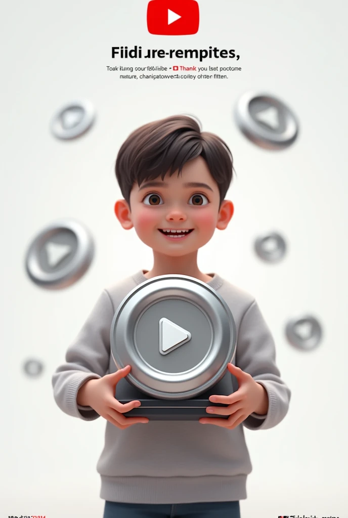 Ek aisa tasvir banao jisne ek baccha ke hath mein silver play button ho aur upar YouTube ka logo ho aur 100k likha hua ho background mein white ka combination ho aur usne likha hua ho thank u for site mein jo logon lagaya YouTube per vah Nahin button bnao