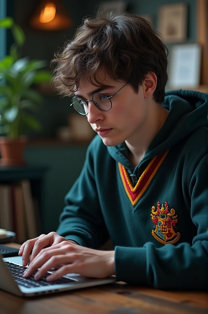((best quality)), ((masterpiece)), (detailed), perfect face
A photo of harry potter working in laptop in background Hogwarts world magics and colourful
