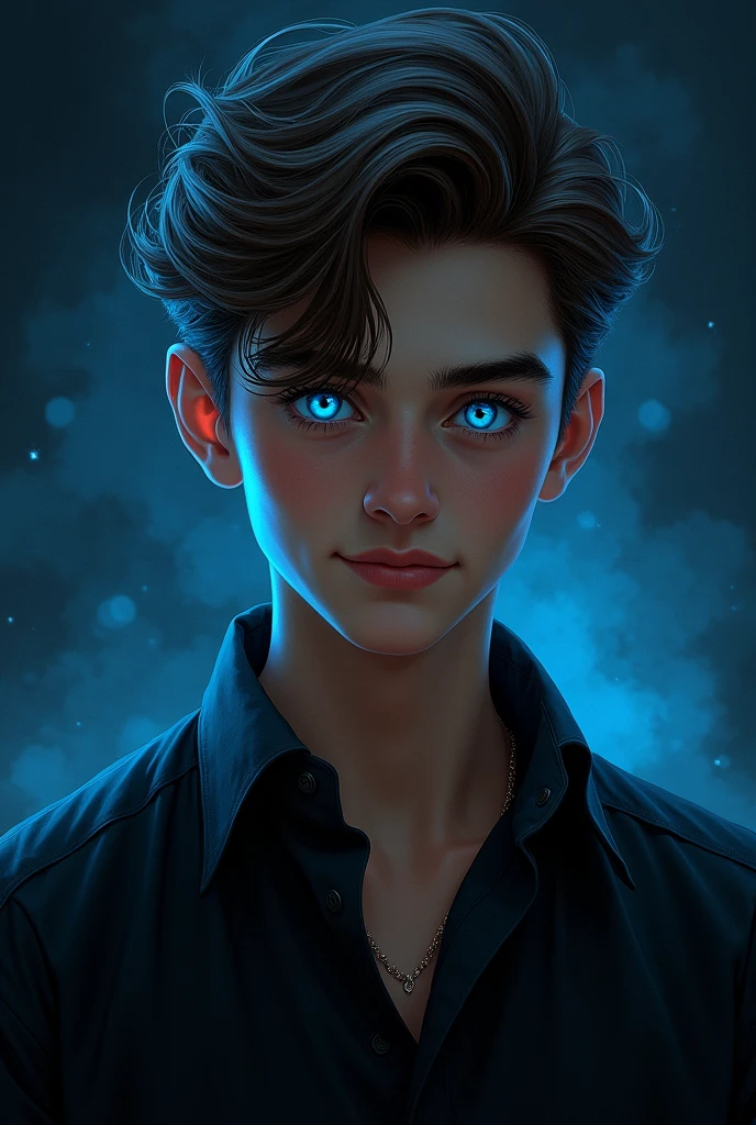 Realistic drawing of an extremely handsome 1 boy, big, of Brown hair, very blue eyes, dressed in a black dress shirt, smiling, night phosphorescent black light