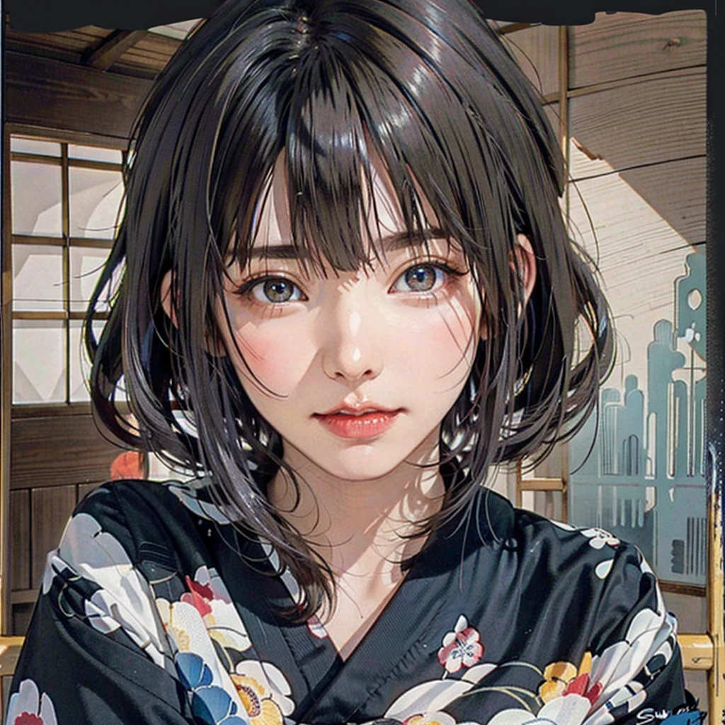 (highest quality、8k、32k、masterpiece)、(masterpiece, up to date,Exceptional:1.2), Anime, One girl,Front hair,black_hair, Beautiful 8k eyes,Looking_in_Audience,One person in,Are standing,((Very beautiful woman, Fuller lips, Japanese pintern kimono))、((Colorful Japanese kimono)))、(((Medium Shot)))、Blunt bung、(High resolution)、Very beautiful face and eyes、1 girl 、Round and small face、Narrow waist、delicine body、(highest quality high detail Rich skin details)、(highest quality、8k、Oil paints:1.2)、Very detailed、(Realistic、Realistic:1.37)、Bright colors、(((blackhair)))、(((longhair)))、(((cowboy pictures)))、((( Inside an old Japanese house)))、(masterpiece, highest quality, highest quality, Official Art, beautifully、aesthetic:1.2), (One girl), Very detailedな,(Fractal Art:1.3),colorful,Most detailed,Sengoku period(High resolution)、Very beautiful face and eyes、1 girl 、Round and small face、Tight waist、Delicine body、(highest quality high detail Rich skin details)、(highest quality、8k、Oil paints:1.2)、(Realistic、Realistic:1.37)、Greg Rutkowski Written by Alphonse Mucha Ropp, sun lips
