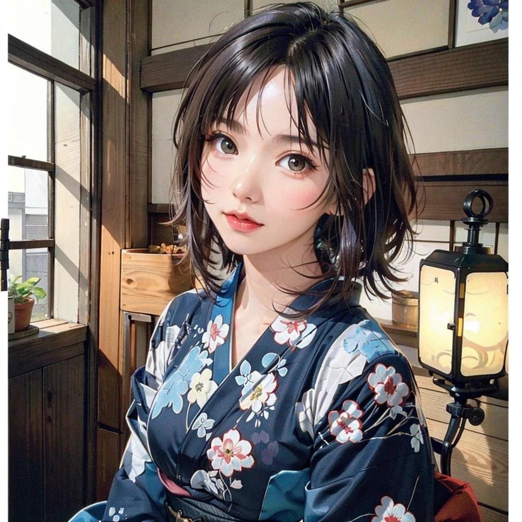 (highest quality、8k、32k、masterpiece)、(masterpiece, up to date,Exceptional:1.2), Anime, One girl,Front hair,black_hair, Beautiful 8k eyes,Looking_in_Audience,One person in,Are standing,((Very beautiful woman, Fuller lips, Japanese pintern kimono))、((Colorful Japanese kimono)))、(((Medium Shot)))、Blunt bung、(High resolution)、Very beautiful face and eyes、1 girl 、Round and small face、Narrow waist、delicine body、(highest quality high detail Rich skin details)、(highest quality、8k、Oil paints:1.2)、Very detailed、(Realistic、Realistic:1.37)、Bright colors、(((blackhair)))、(((longhair)))、(((cowboy pictures)))、((( Inside an old Japanese house)))、(masterpiece, highest quality, highest quality, Official Art, beautifully、aesthetic:1.2), (One girl), Very detailedな,(Fractal Art:1.3),colorful,Most detailed,Sengoku period(High resolution)、Very beautiful face and eyes、1 girl 、Round and small face、Tight waist、Delicine body、(highest quality high detail Rich skin details)、(highest quality、8k、Oil paints:1.2)、(Realistic、Realistic:1.37)、Greg Rutkowski Written by Alphonse Mucha Ropp, sun lips