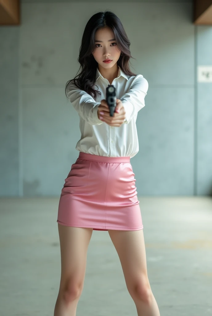 real person realistic beautiful korean office lady white shirt tight mini skirt satin pink colour stance legs open spreading arms straighten full portrait gun sexy legs aiming target practice pointing at you firing indoor shooting range ready to shoot