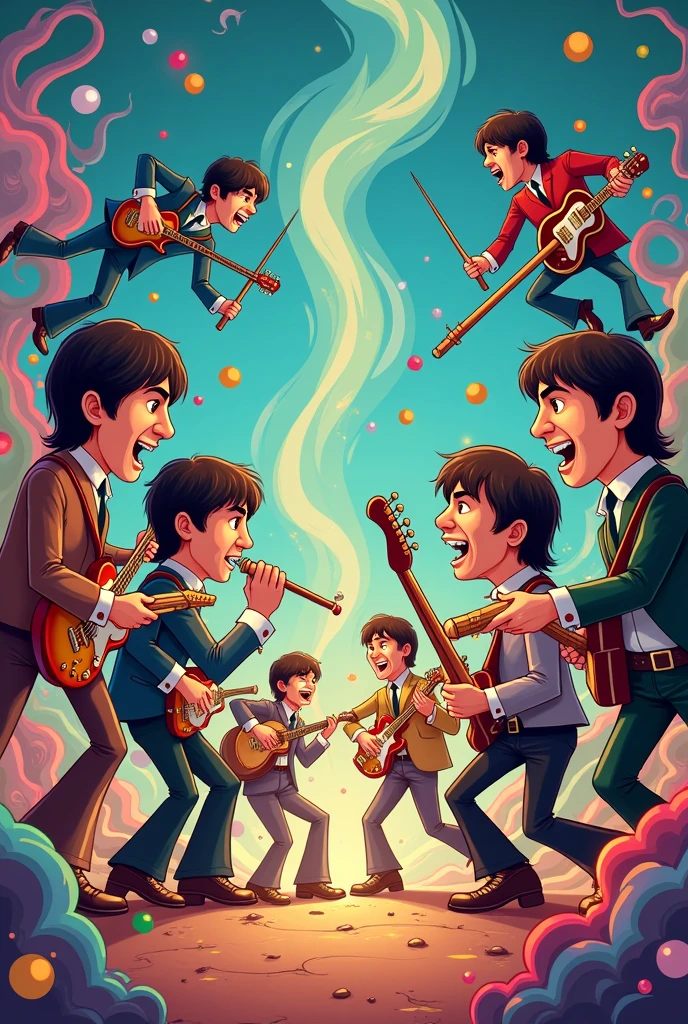 a cartoon of a battle between the beatles and the rolling stones