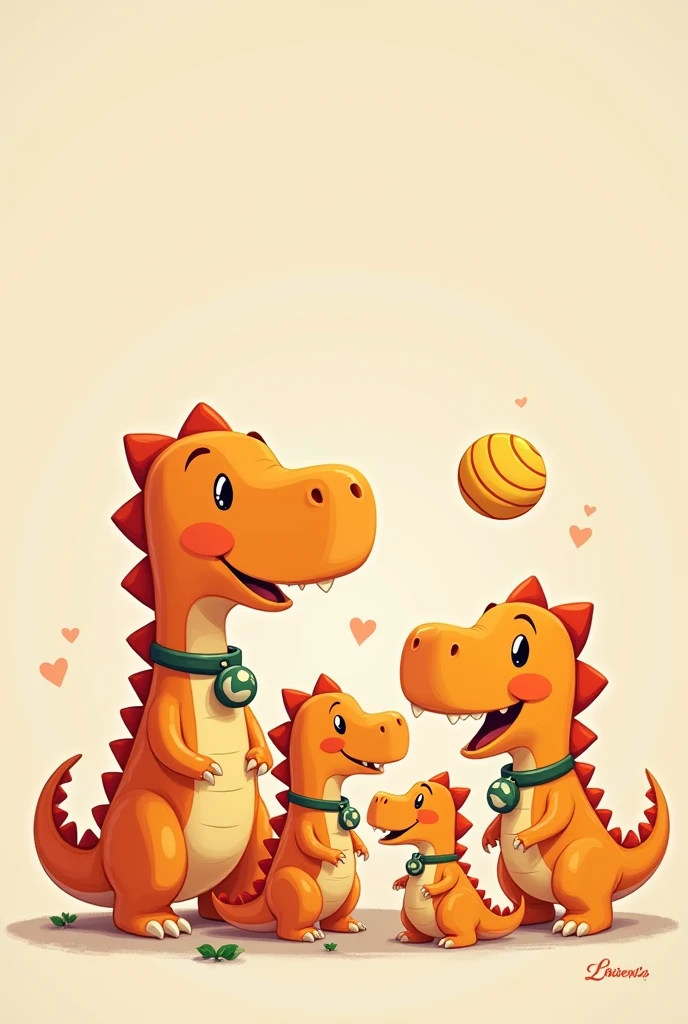 Make several cute orange dinosaurs in png with the same physical characteristics, all wearing a collar with a volleyball, but each one must have an expression, a brave one, another enchanted, another smiling, another sad, another laughing and others happy and now sitting