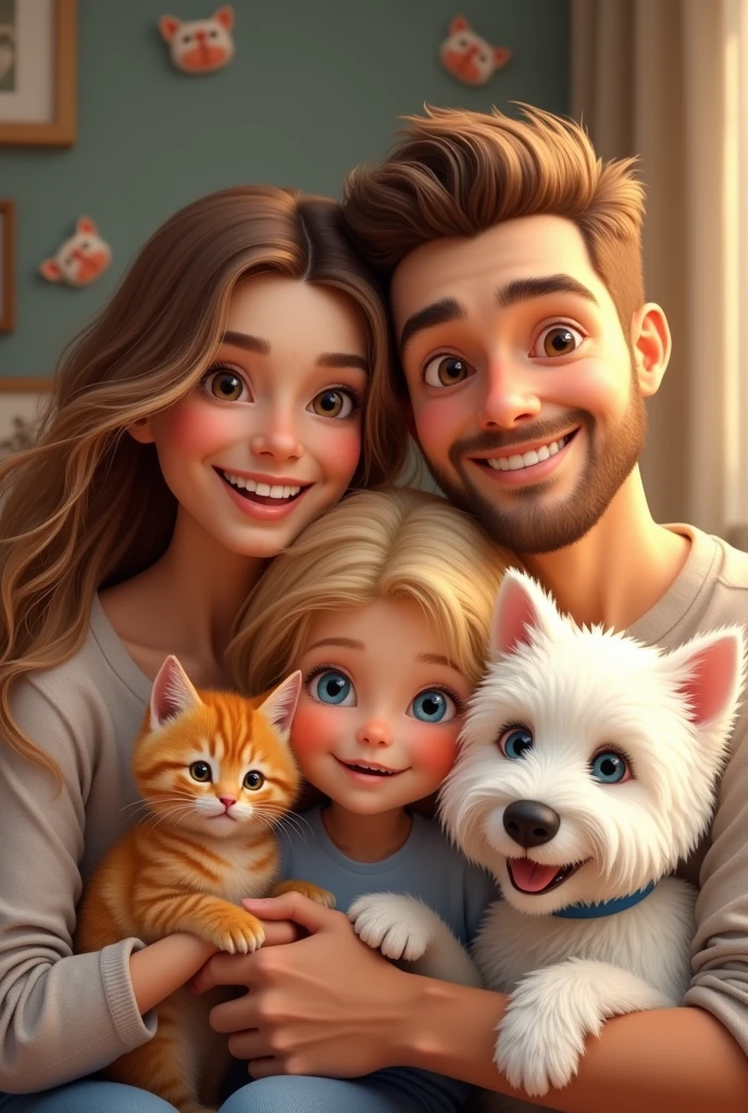 family : Mom 40 years old blonde with brown eyes, Dad 40 years old very short brown hair, Brown eyes, daughter long brown hair, Brown eyes, blond blue eyed son with 1 orange tabby kitten and a white westie dog.
