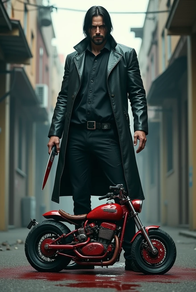 John Wick stabding over a small red bike thats dead with a knife wound