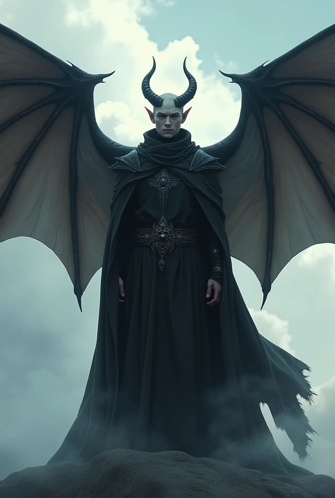 Create an image of a sky elf with bat wings paladin aged 20 Man in black robes removes horns, without horns

