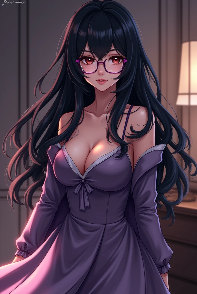 Female character  long black hair dark brown eyes with clothes (Feminine and elegant) with glasses(purples) ,of medium build