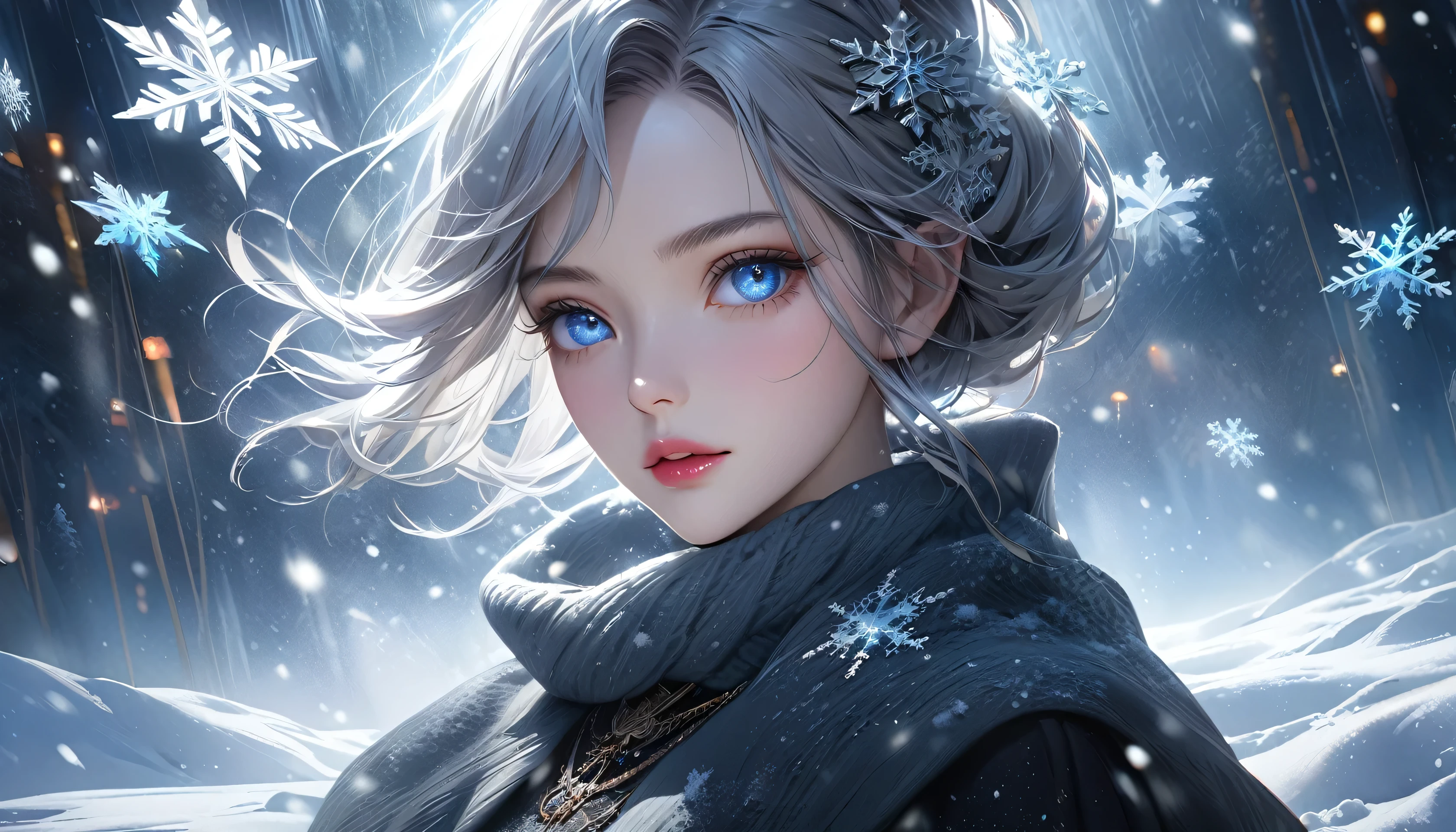snowy landscape, dark canvas, Transparent sparkling snowflakes falling, Transparent holographic reflection, 눈송이로 이루어진 초realistic 풍경, Make viewers speechless, A beautiful world, 1 woman, detailed eyes, detailed lips, very detailed face, long eyelashes, Beautiful and detailed portrait, elegant, tranquil expression, winter, high quality, 8k, realistic, surrealism, studio lighting, Physically Based Rendering, vivid colors, movie lights, dramatic lighting, soft lighting, dramatic contrast, Glowing snowflakes, icy, winter 왕국, cold, obvious, ethereal, dreamlike, occult, magical, fancy, concept art