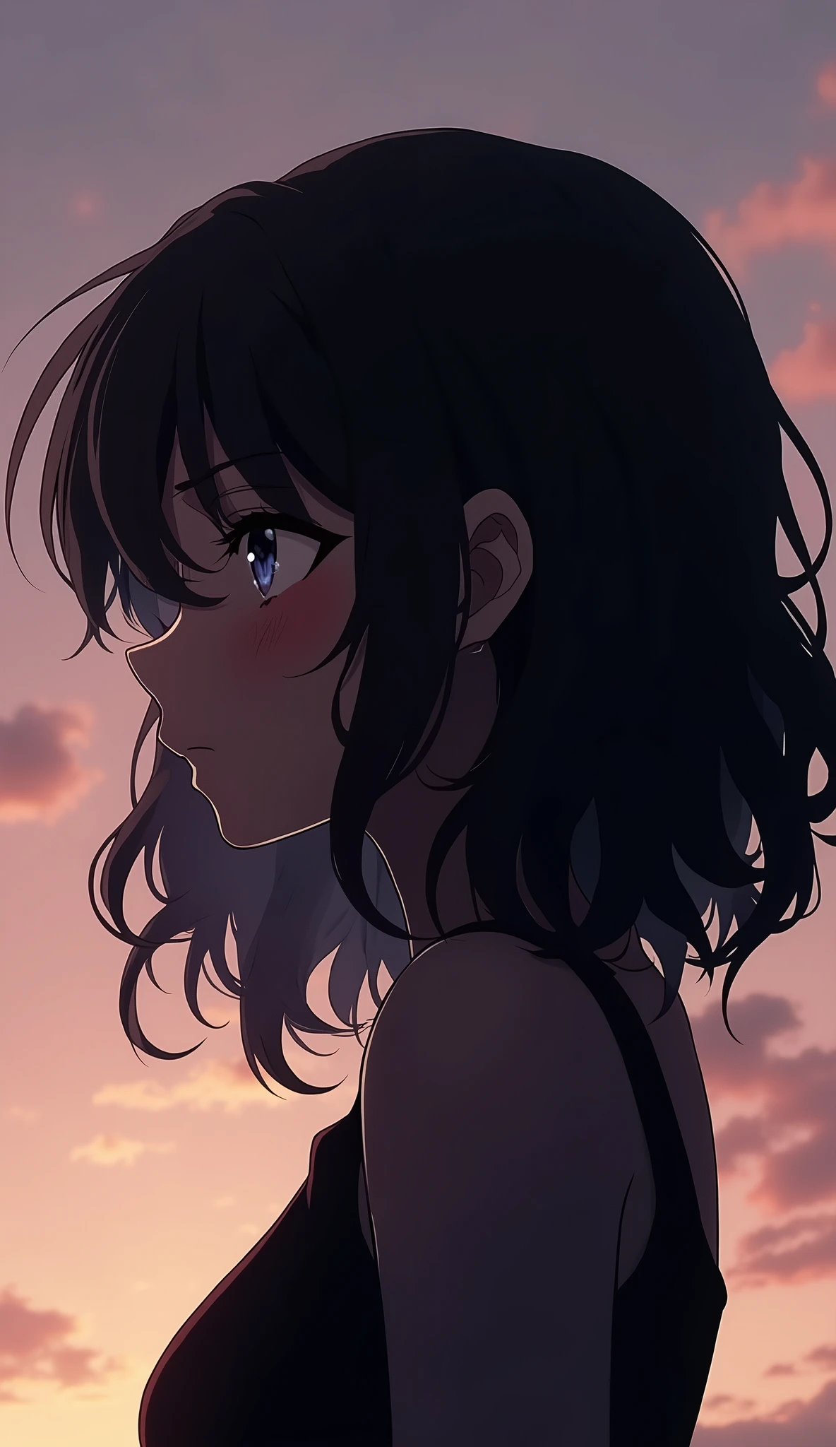 Profile picture of dark girl with wavy hair in anime style, 8k