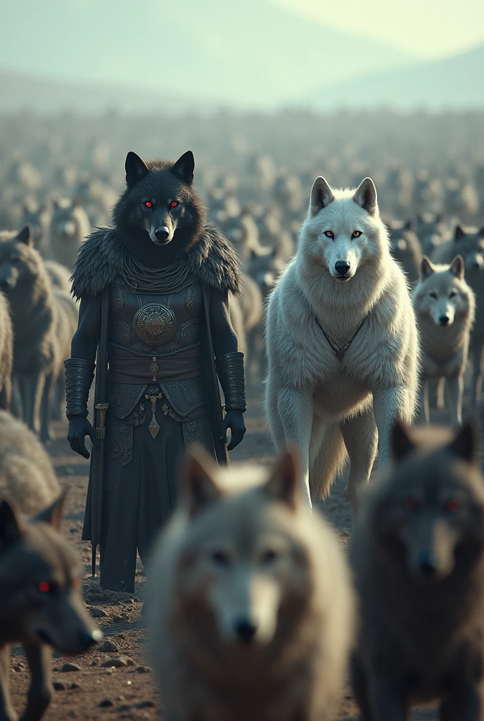 Army of gray and brown wolves, and immaculate soldier men, ancient soldiers. Together united, hundreds of thousands.

In front of you guiding them, two alphas, a dark werewolf with red eyes and a white Alpha