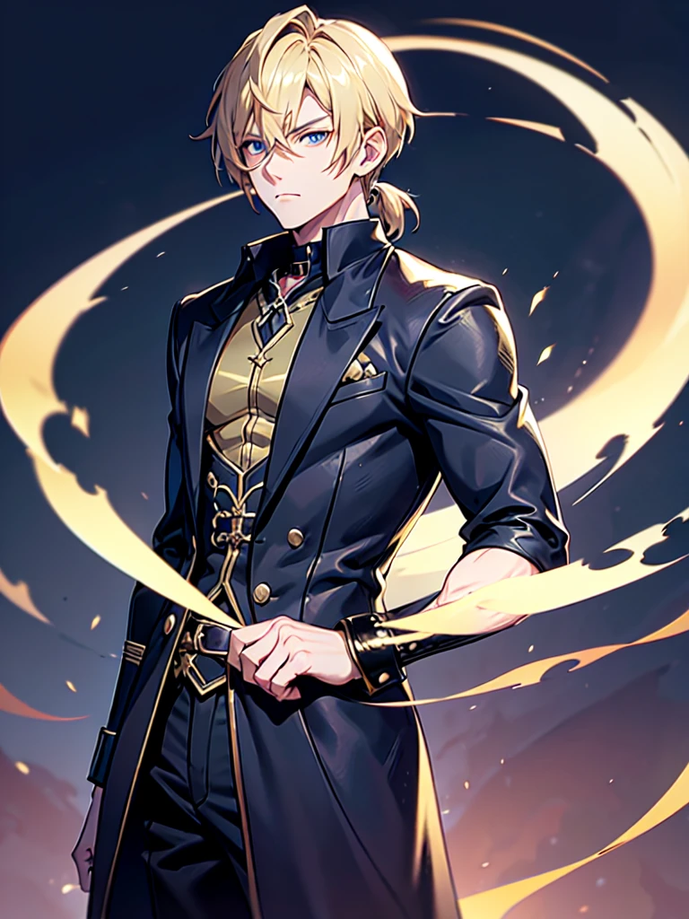 Anime attractive man, 20 year old, blonde hair, very very short ponytail, tall, muscular, solo, one person, dark blue gold-accented high-collared dress shirt with rolled up sleeves, black choker, dark blazer with gold lining and buttons unbuttoned with rolled up sleeves, long dark overcoat with a fur trim, rolled up sleeves, rolled up sleeves, rolled up sleeves, rolled up sleeves muscular, masculine face.