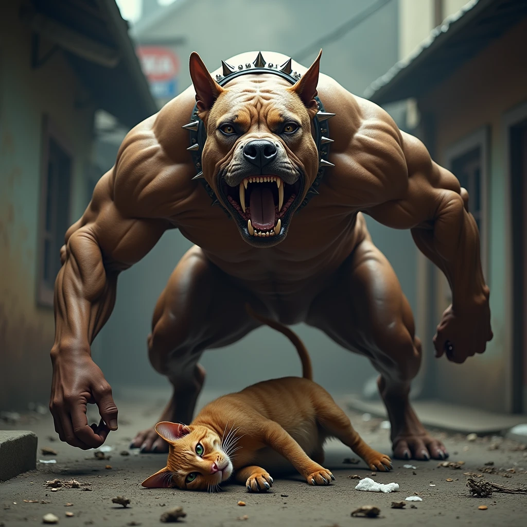 An extremely muscular pitbull dog, with veins protruding from his powerful muscles, and with a spiked collar on the neck, angry, with a dead cat in its mouth between its sharp teeth,, el perro luce rabioso angry, in the background the courtyard of a house